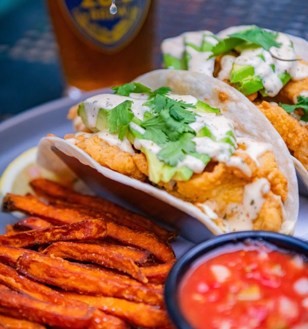 Shrimp tacos with sweet potato fries