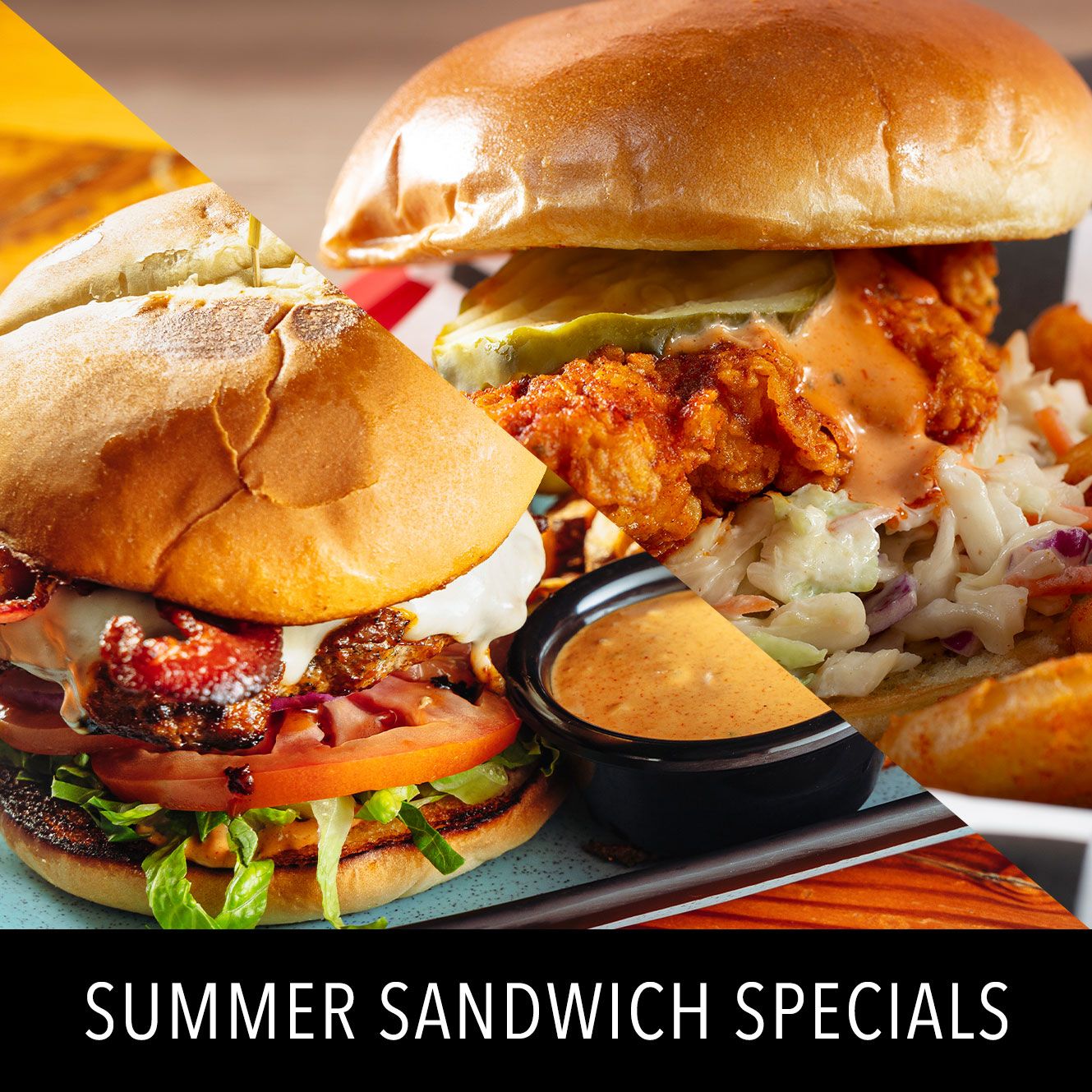 Image of a burger and a chicken sandwich with text overlay that reads, 'Summer Sandwich Specials'